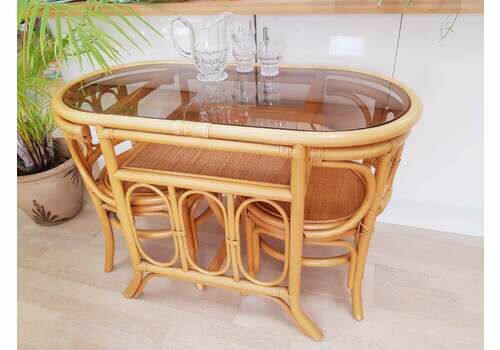 1970's Bamboo & Wicker Breakfast Or Bistro Table With 2 Curved Chairs
