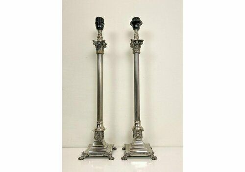 Corinthian Style Table Lamps In Nickel Plated Brass With Claw Feet, 1950s, Set Of 2