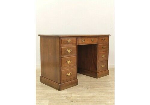 Antique Edwardian Solid Walnut And Mahogany Leather Top Work Office Desk