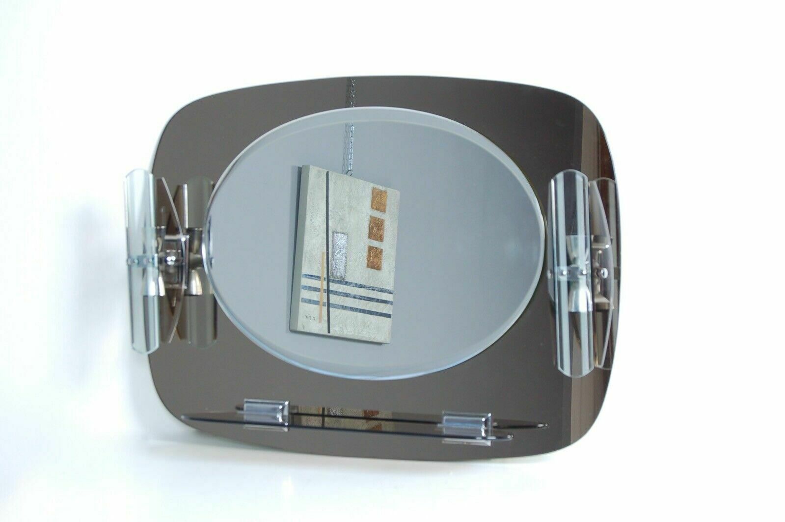 Smoked Glass Bathroom Mirror 70s Design Vintage Oval With Veca Type Shelf Vinterior