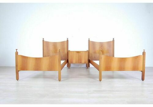 Pair Of Single Bed Structure With Vintage 50s Design Bedside Table Made In Italy