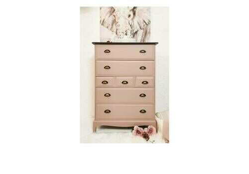 Spray Painted Dusky Pink Stag Minstrel Tallboy Chest Of Drawers With Dark Wood Top