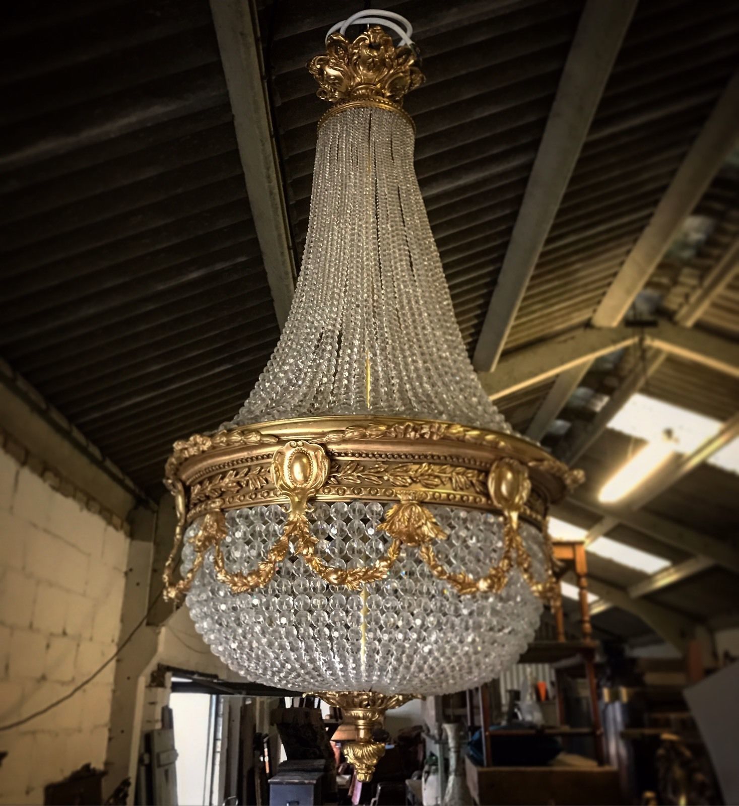 Large Antique Belgian Brass Chandelier with Crystal Glass Prisms Large Antique Belgian Brass Chandelier with Crystal Glass Prisms