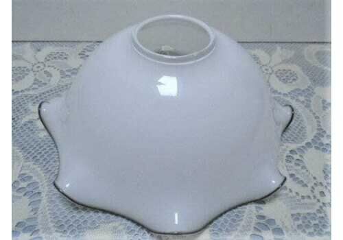 Vintage French White Glass Lampshade With Gray Frilly Rim, Opaque Mid Century Shade