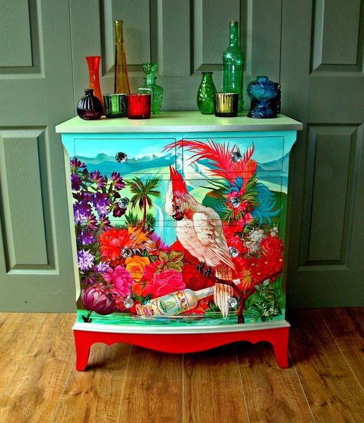 Colour Block Chest Of Drawers With Vibrant Cockatoo Jungle