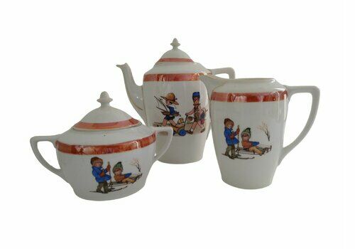 Art Deco Porcelain Tea And Coffee Service Set With Children Decor, Lusterware Teapot, Creamer And Sugar Bowl