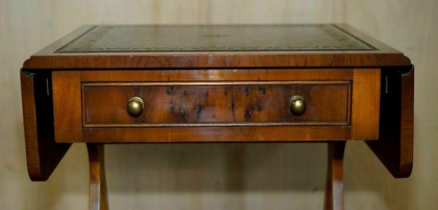 Bevan Funnell Green Leather Extending Burr Yew Wood Side End Lamp Card Table photo Furniture