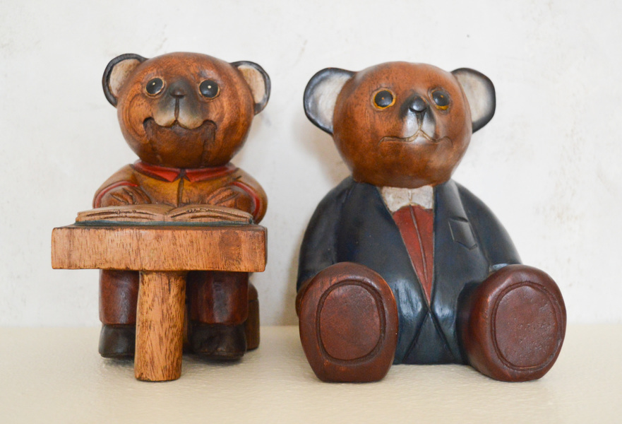 Vintage 1980s Pair Of Carved Wood Teddy Bears, Teddy Bear Bookends