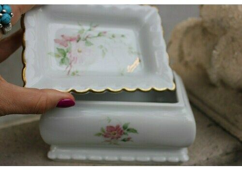 Vintage French Flowers Trinket Box, Rare Limoges Porcelain Case With Lid Jar