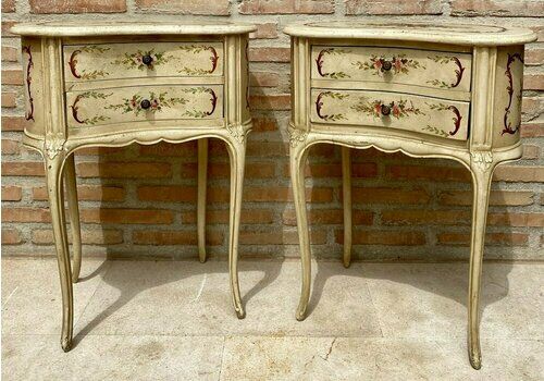 Two Drawers Painted In Light Beige Wood Kidney Nightstands, 1940s, Set Of 2