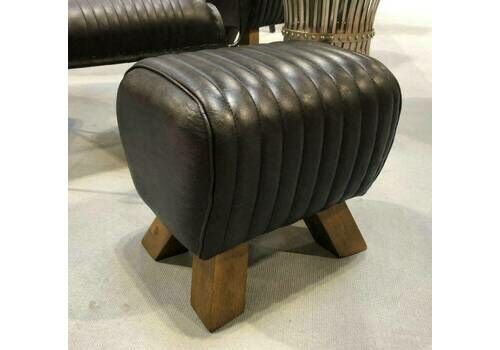 Pommel Foot Footstool Black Leather   Olive Wood