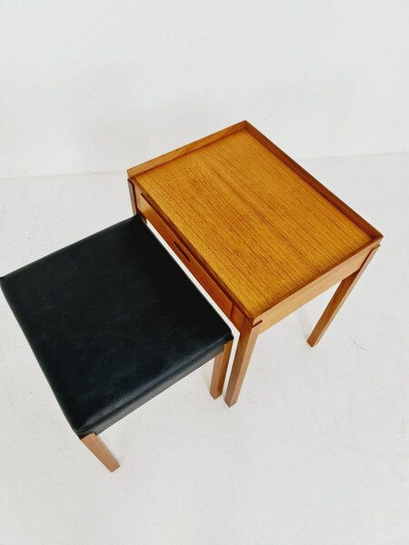 Midcentury Danish Teak Side Table/ Bedside Table With Stool, 1960s photo for sale