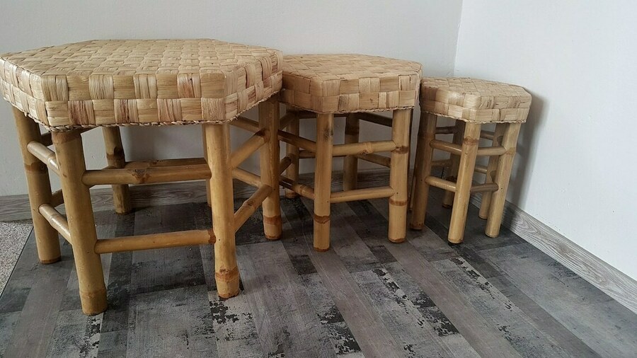 Vintage Mid Century Hexagonal Bamboo Rattan Nesting Table Set Of 3 photo vinterior
