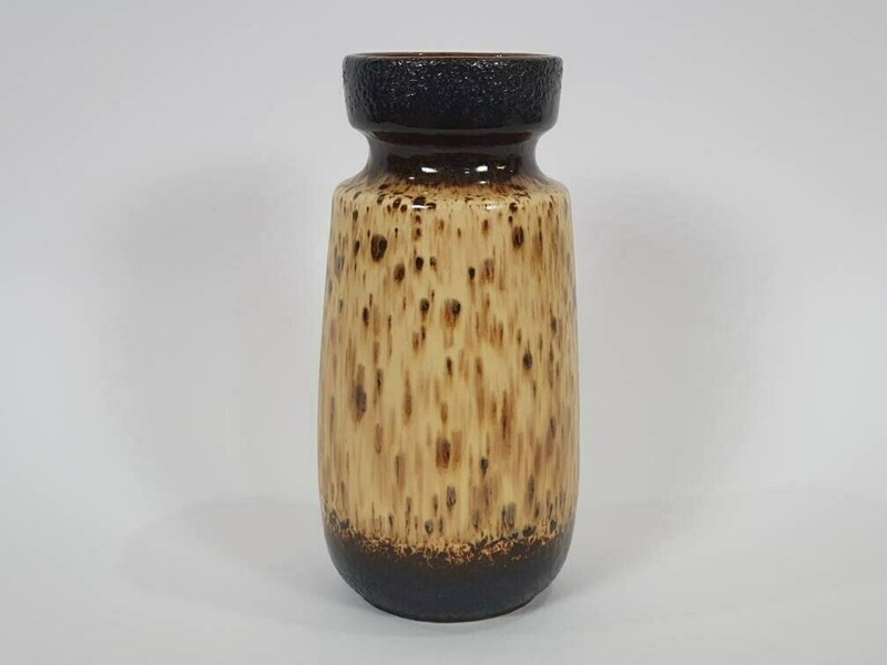 West German Pottery Fat Lava Vase With Chocolate Brown And Cream Glaze