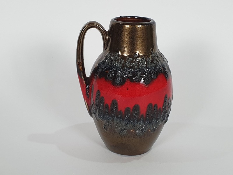 West German Pottery Fat Lava Handled Vase With Red And Black Bands