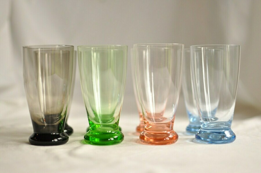 Set Of Eight Vintage Coloured Drinking Glasses 1950s Harlequin