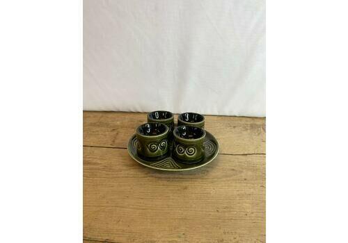 Vintage Sylvac Green Totem Design 5 Piece Set   4 Egg Cups And Plate / Saucer 4031  Made In England. In Good Condition