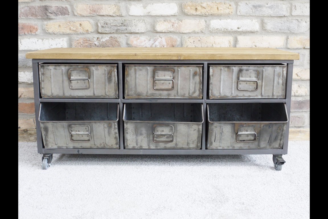 Industrial Style Metal And Wood Storage Cabinet 6 Pull Out Metal