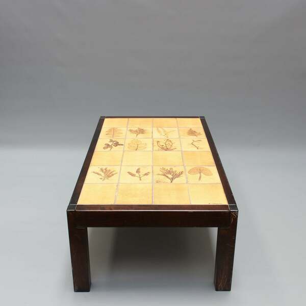 Vintage French Coffee Table With Leaf Motif Tiles By Roger Capron (Circa 1970s) photo for sale
