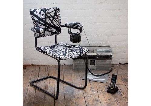 Desk Chair In Graphic Black And White, Cantilevered Metal Frame, Reupholstered 