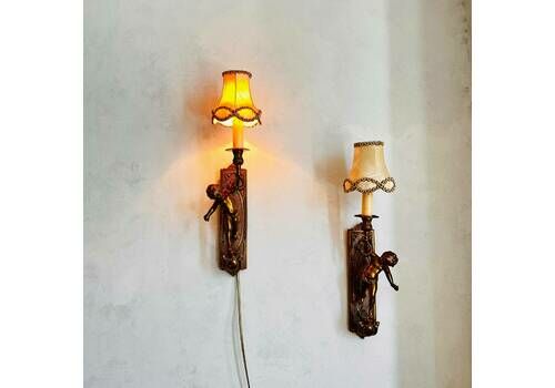 Old Pair Of Wall Cherubs/Putti Sconces, Bronze Brevettato, Cherub Wall Candleholders, Home Lighting