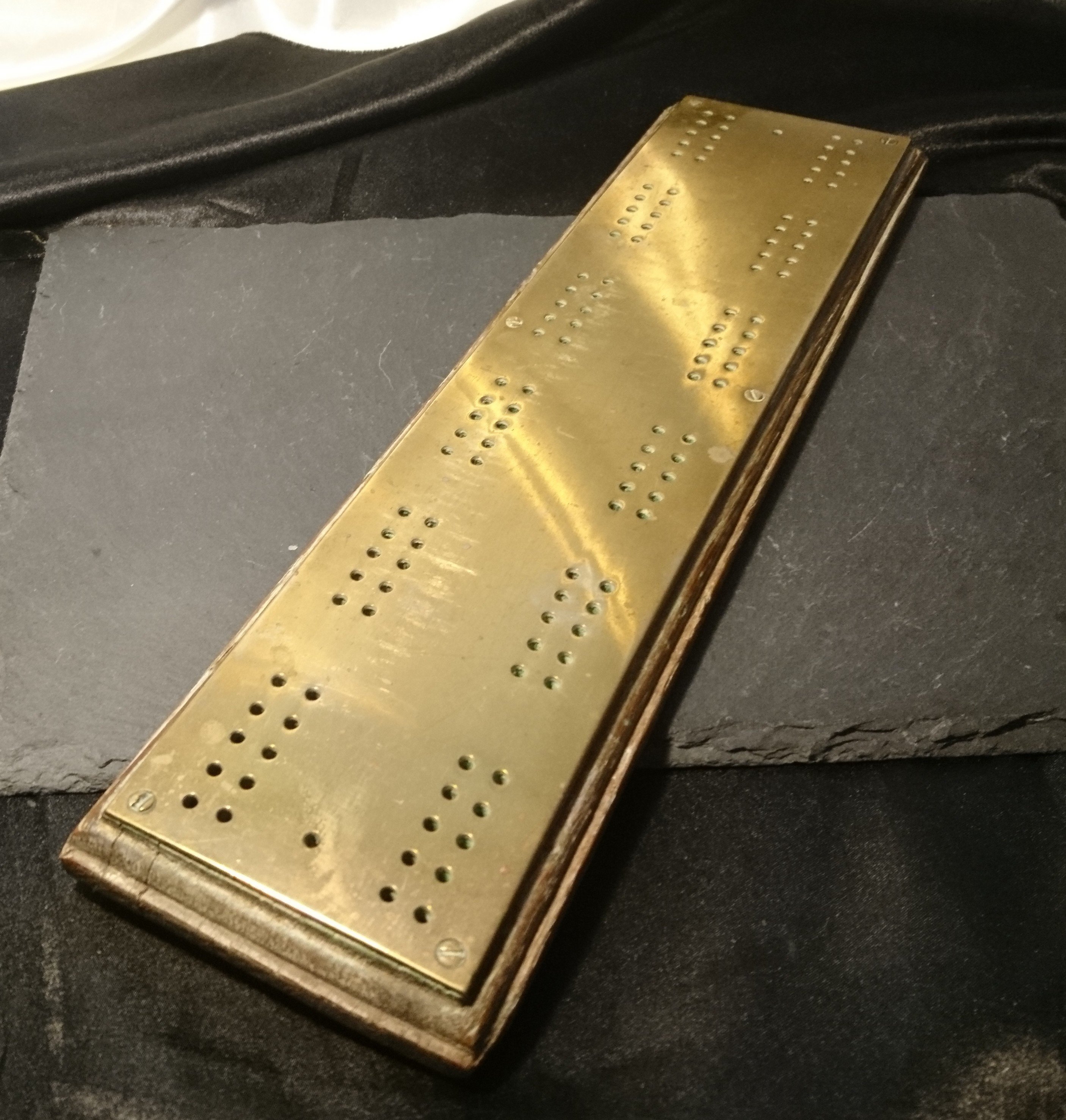 Antique Cribbage Board Brass Overlay Victorian