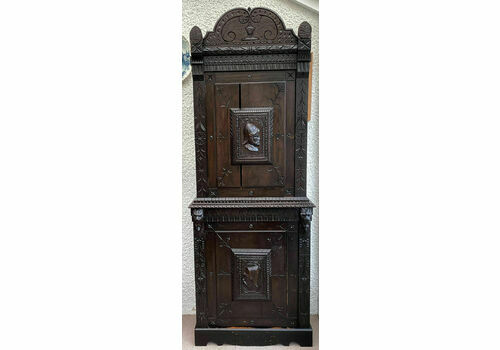 Carved Oak 19th Century Dutch Cupboard. Hidden Compartment. Lion Masks. Etc.