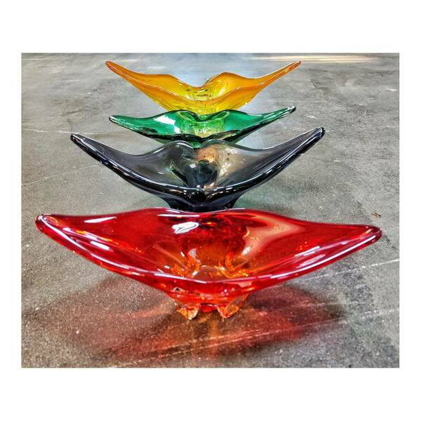 Rare Vibrant Bohemian Glass Fruit Bowls // Lip Shaped Glass Bowls By