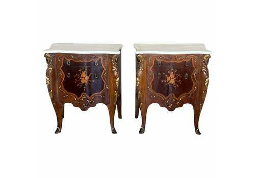 French Louis XV Marquetry Marble Top Nightstand Or Side Tables
