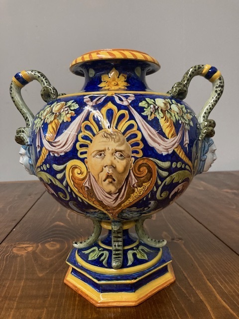 Antique Trilobed Majolica Vase Ginori 1860 With Festoons. Blue