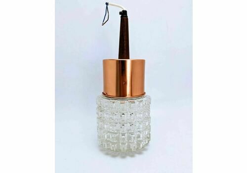 1960s Glass, Teak, And Gold Metal Pendant Midcentury Ceiling Light Fitting