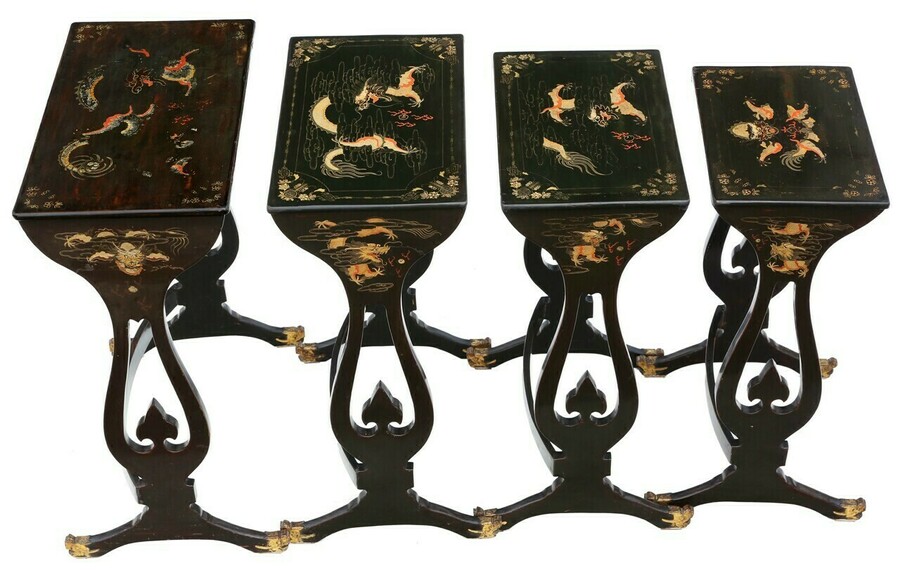 Antique Fine Quality Chinoiserie Decorated Black Lacquer Nest Of 4 19th Century Tables photo for sale