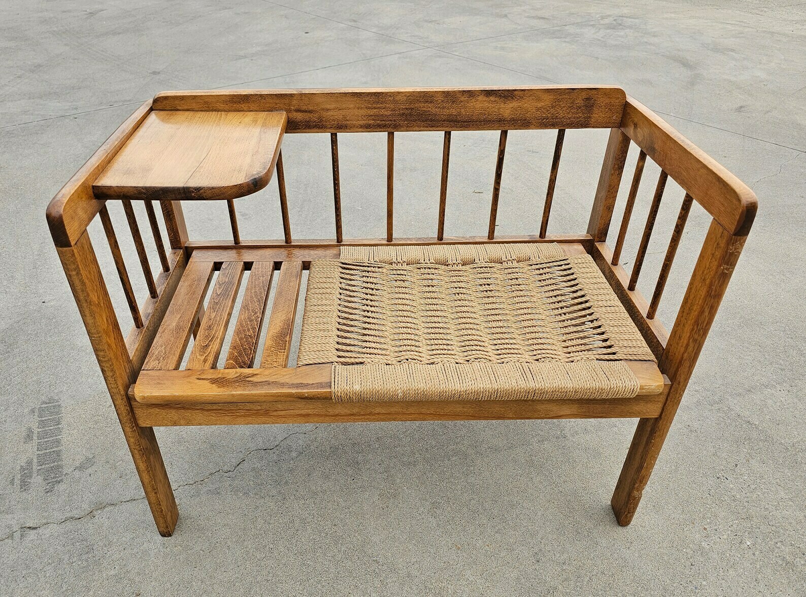 Mid Century Modern Telephone Bench With Danish Paper Cord Seat In