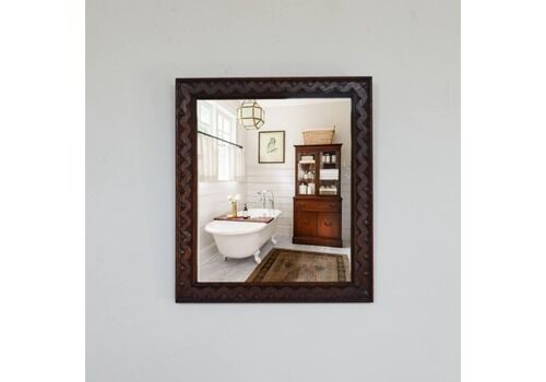 Vintage Framed Walnut Wall Mirror, Dark Rustic With Inner Carved Wavy Detailed Edging
