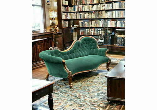 Victorian Buttoned Back Sofa In Green With Carved Walnut Show Frame Stunning!!