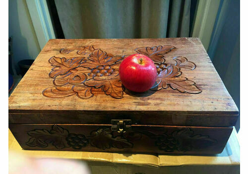 Vintage Hand Carved Hard Wood Box With Grapes And Leaves Pattern, Brass Handle