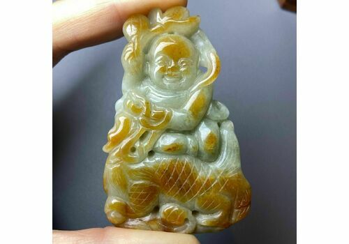 Antique Chinese Grade A Yellow Green Jadeite Jade Pendant Figure Carved Baby And