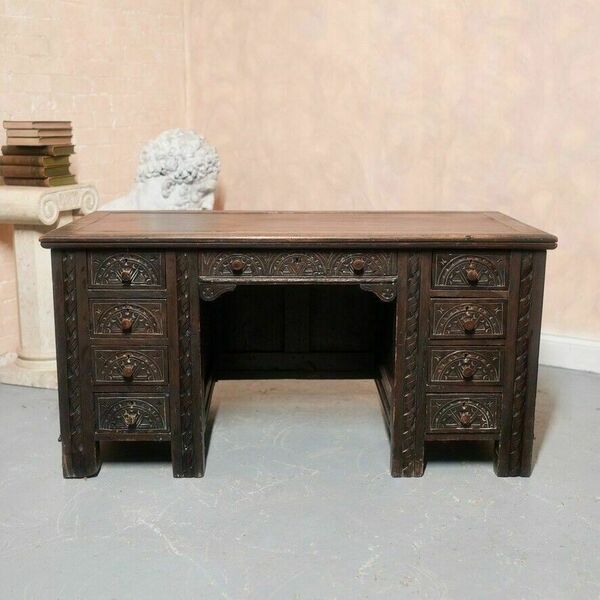 Antique Irish Oak Desk Carved Leather Victorian 19th Century Vinterior
