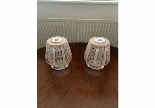 Pair Of Original Art Deco Flush Mount Pendant Ceiling Lights In Pink & White C/W Original Chrome Galleries.