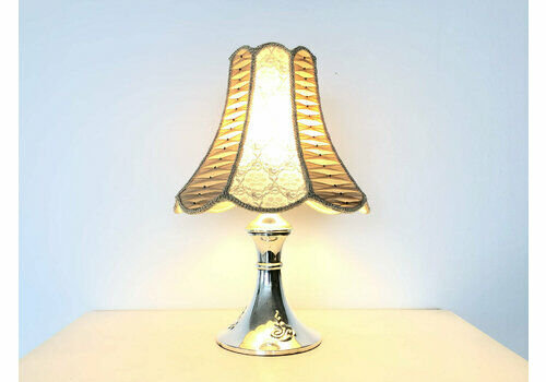 Danish Art Deco Silverplate Table Lamp In Organic Shape With Decoration And Beautiful Lace And Fabric Shade   Design By Hags, Denmark