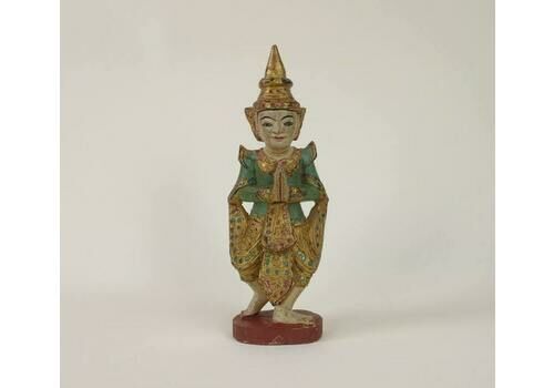 Mid Century Burmese Polychrome Wood Buddha Statue With Glass Inlay And Hand Painted Decoration