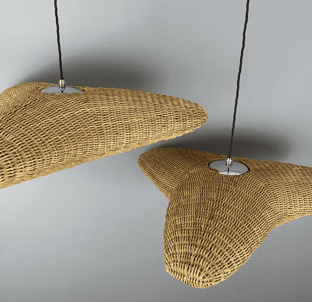 Large Wicker Mid Century Triangular Pendant Light photo furniture