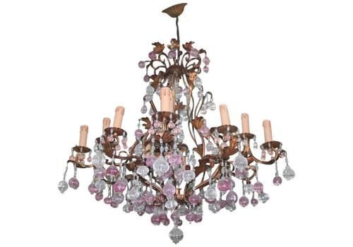 Large Chandelier In Gilded Metal Structure With Murano Glass, 1950s