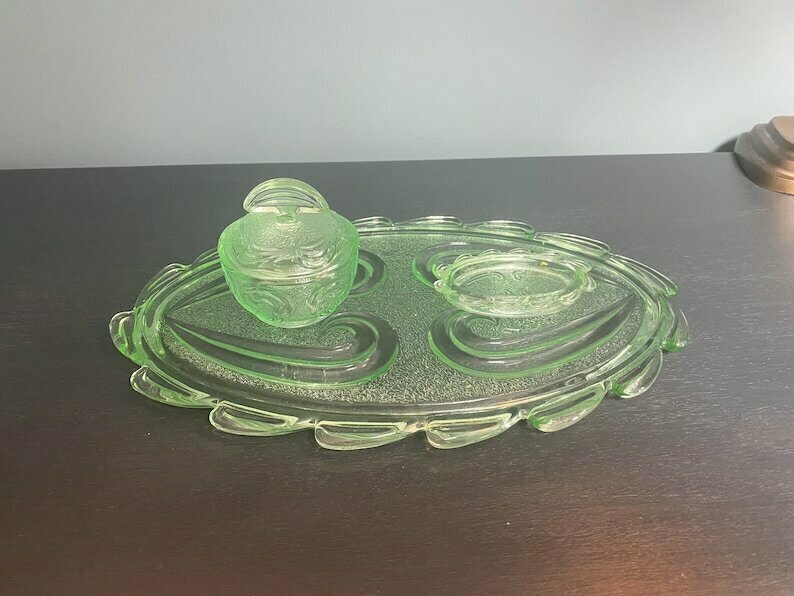 slim fit dress slacks Vintage Green Glass Dressing Table Set – Kernow Furniture main image 1
