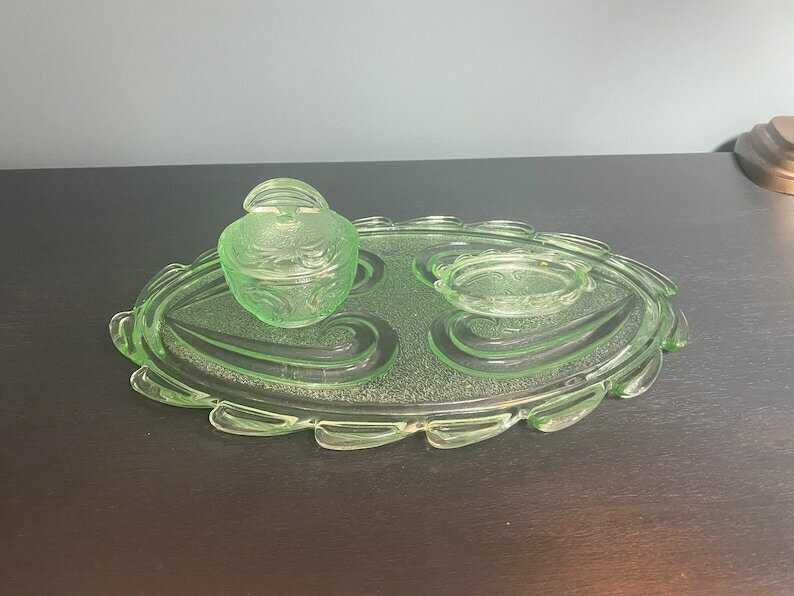 Vintage Green Glass Dressing Table Set Art Deco Glass Vanity Set By Bagley  In Rutland Pattern #3078 1930s Free Shipping | Vinterior