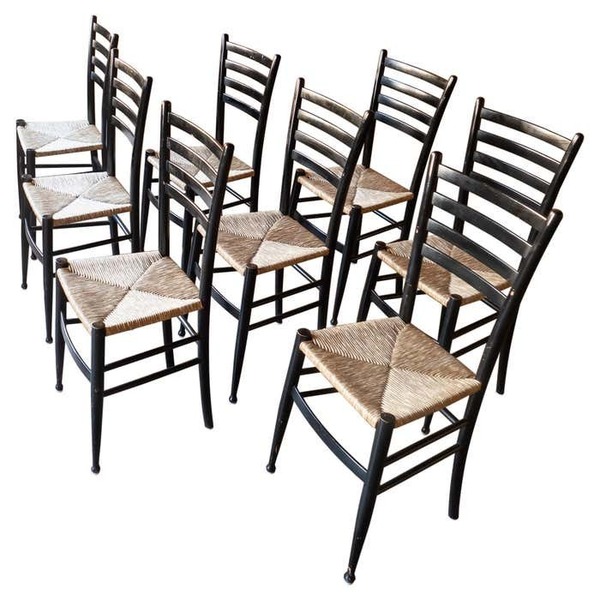Mid Century Black Raffia Chiavari Dining Chairs, Italy 1960s Vinterior