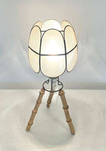 Vintage Danish Bamboo Wood Mid Century Tripod Table Lamp With Modernist Design Base And Seashell Shade photo for sale
