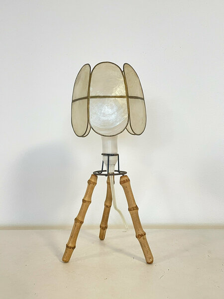 Vintage Danish Bamboo Wood Mid Century Tripod Table Lamp With Modernist Design Base And Seashell Shade photo 209.0