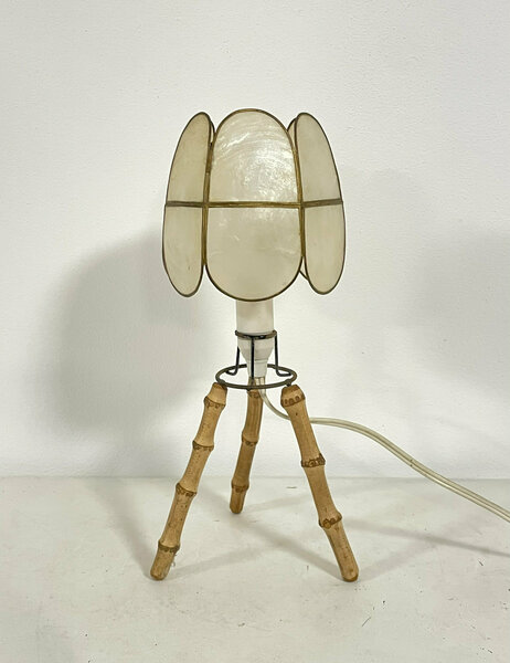 Vintage Danish Bamboo Wood Mid Century Tripod Table Lamp With Modernist Design Base And Seashell Shade photo buy