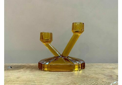 Bagley Glass Bedford Art Deco Amber Glass Double Candlestick